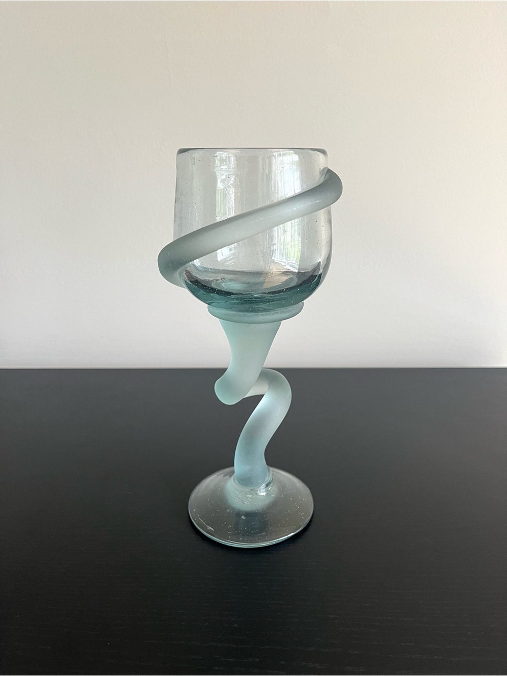 Hand Blown Studio Art Glass Artisan Goblet Frosted Twisted Stem Aqua Drinkware